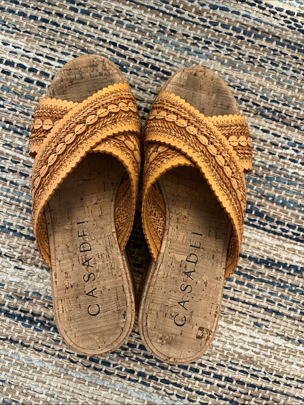 Casadei Mustard Yellow Braided Cork Slide Mules